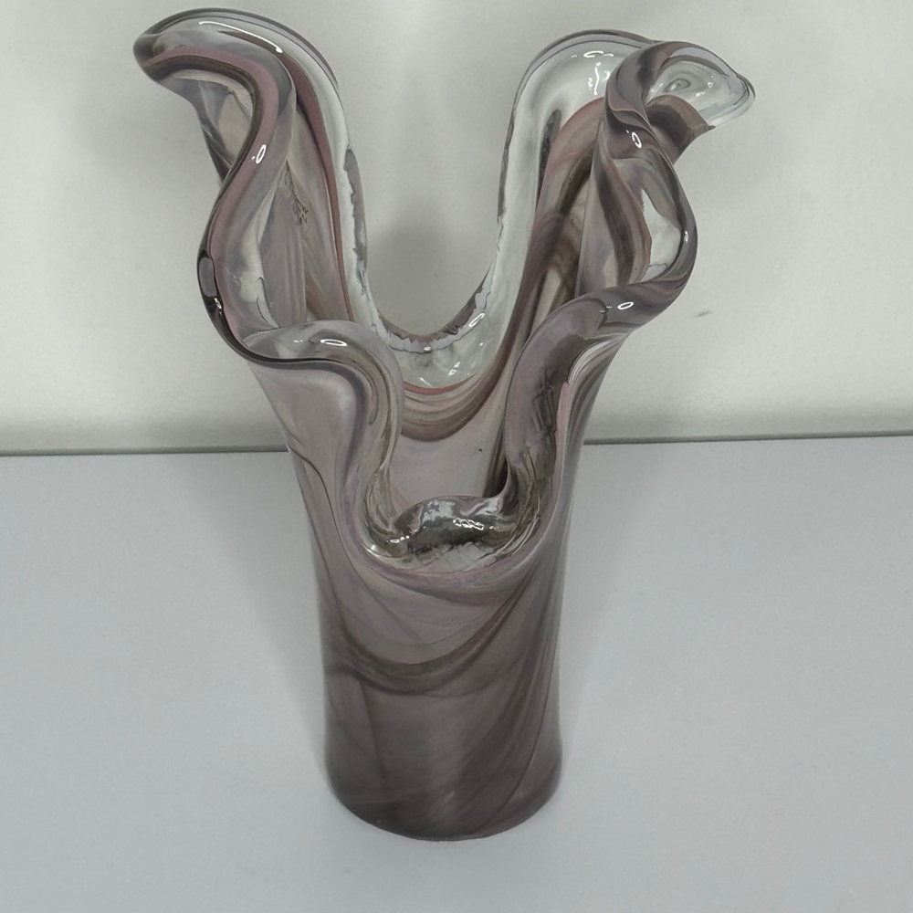 Murano Italian Art Glass Ruffle Vase Swirl Pink Lavender Pattern
